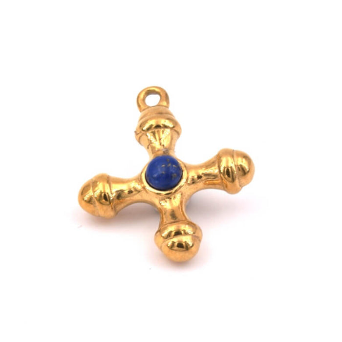 Pendentif croix acier inoxydable doré et lapis-lazuli 24mm (1)