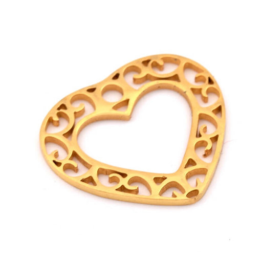 Achat Pendentif coeur acier inoxydable doré ajouré 19mm- Trou: 2mm (1)