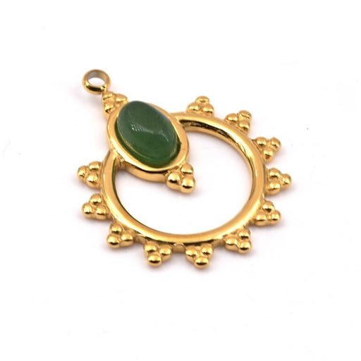 Achat Pendentif rond perlé acier doré cabochon ovale jade vert 22x18mm (1)