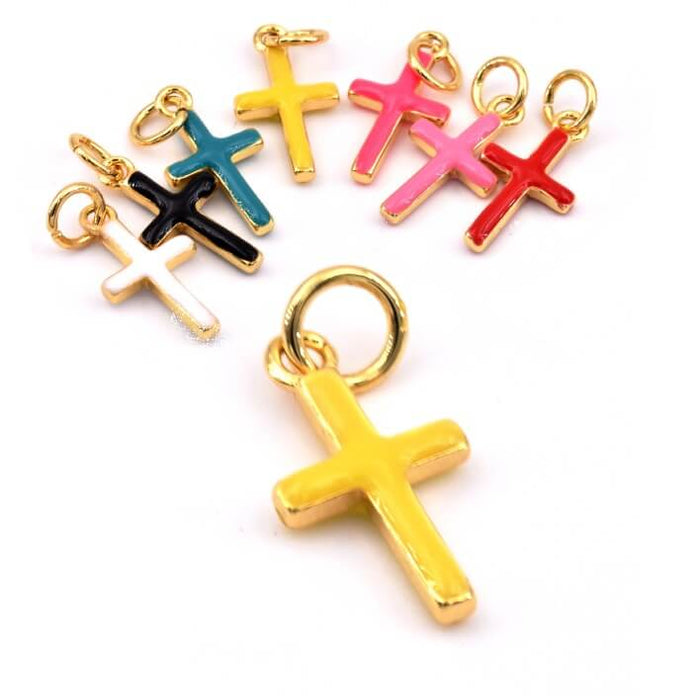 Pendentif charm croix laiton doré qualité émail jaune - 15x8mm (1)