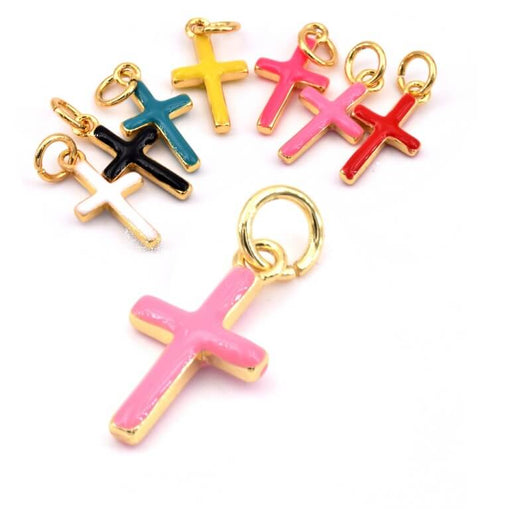 Achat Pendentif charm croix laiton doré qualité émail rose - 15x8mm (1)