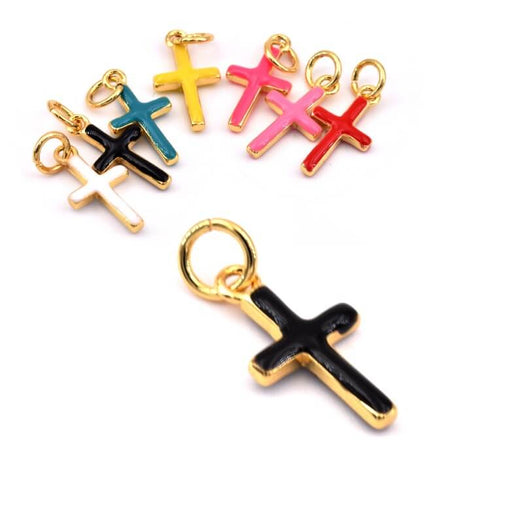 Achat Pendentif charm croix laiton doré qualité émail noir - 15x8mm (1)