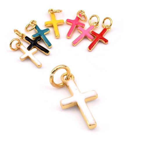 Achat Pendentif charm croix laiton doré qualité émail blanc - 15x8mm (1)