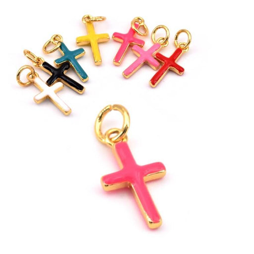 Achat Pendentif croix laiton doré qualité émail rose fluo néon - 15x8mm (1)