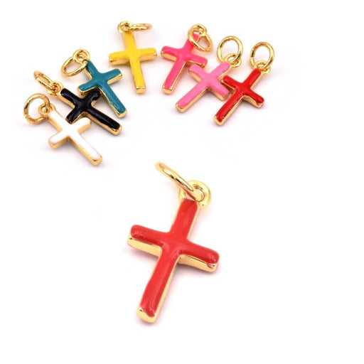 Achat Pendentif charm croix laiton doré qualité émail rouge - 15x8mm (1)