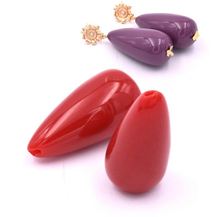 Perle goutte résine rouge 33x16.5mm - Trou : 1.5mm (2)