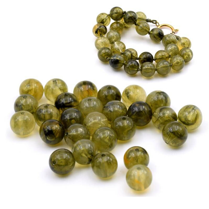 Perle ronde en résine verte olivine 12mm - Trou : 2mm (30)