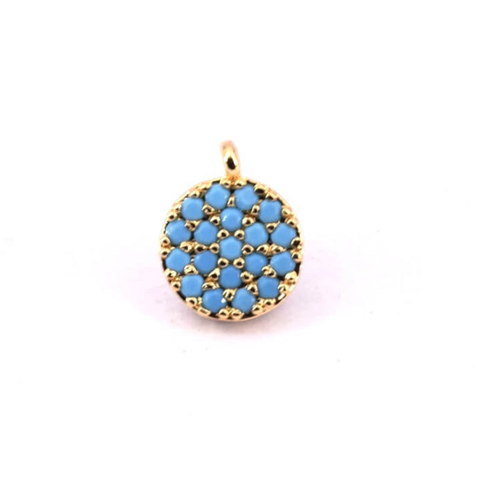 Pendentif rond laiton doré or fin pavé zircon turquoise 7mm (1)